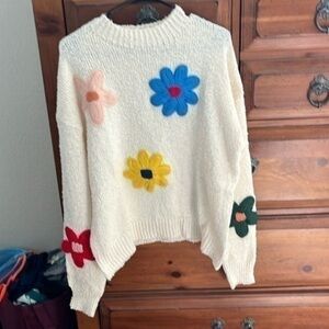 Women’s Cream Sweater With Embroidered Flowers Size XL (12) NWOT